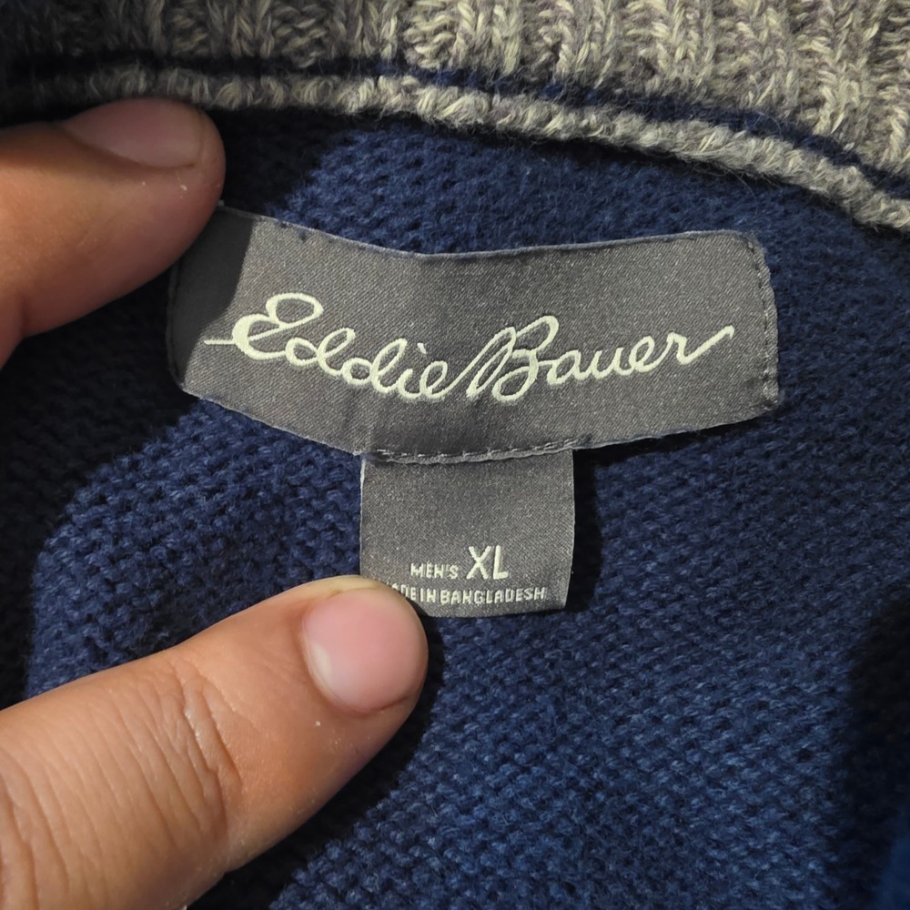 Eddie Bauer Mens XL Navy Blue Quarter Zip Mock Neck Ribbed Knit Pullover Sweater - Picture 3 of 6